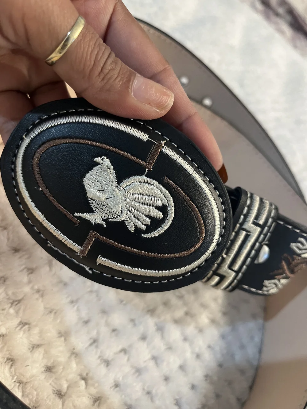 Embroidered Black & Brown Men's Leather Belt with Silver Stitching